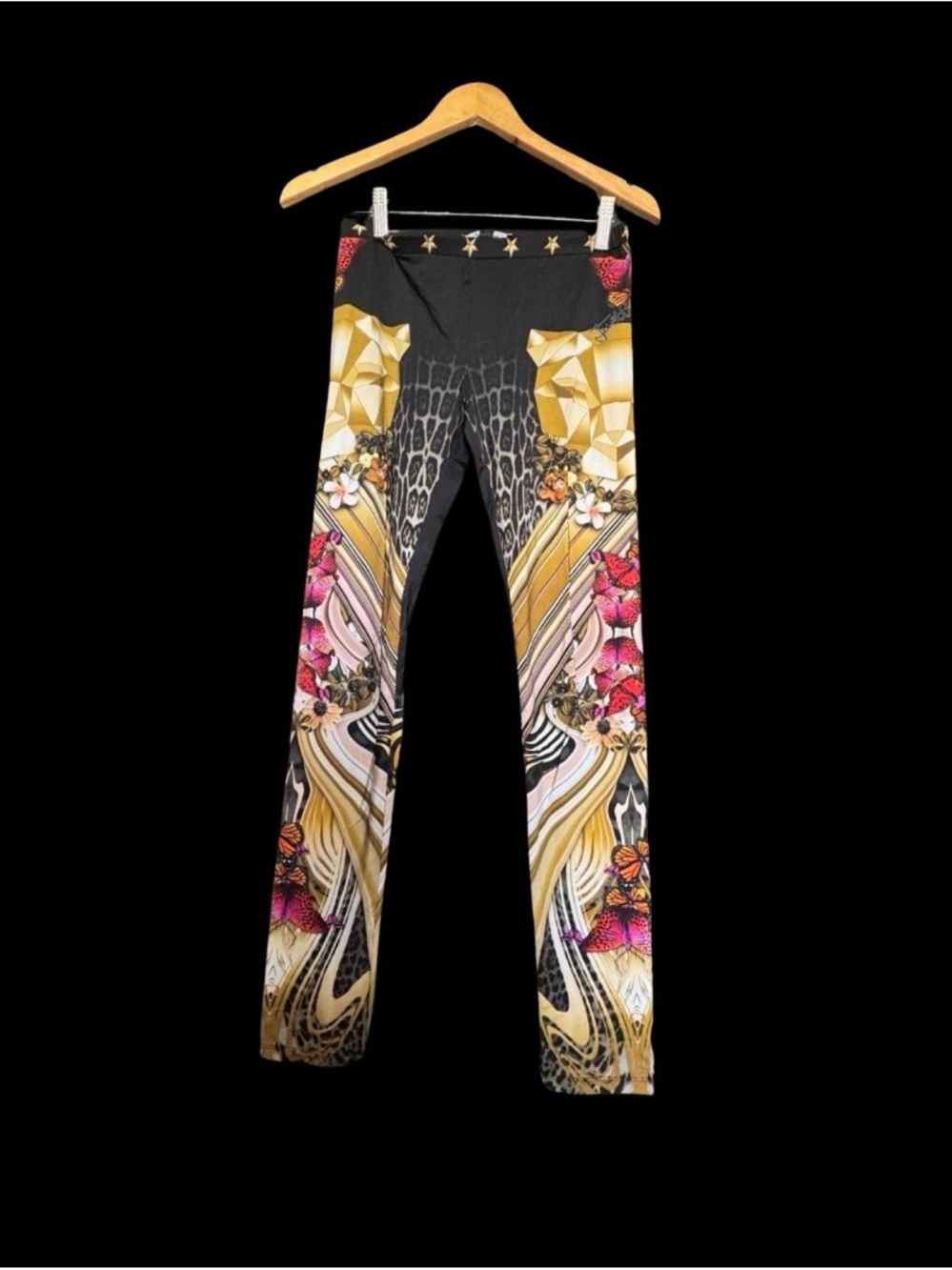 Just Cavalli Black Leggings with Gold and Pink Graphic Animal Print